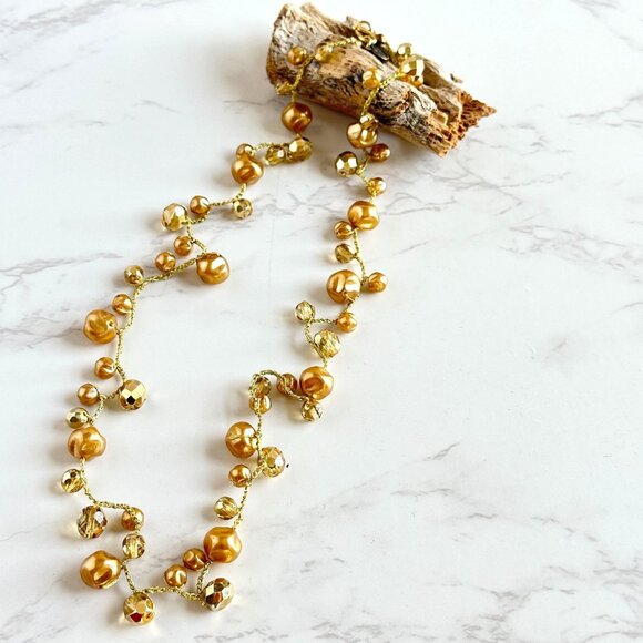 Ronit Nafshi Necklace, Gold Crystal & Pearl Beads, Handmade Israeli Design - Picture 4 of 7